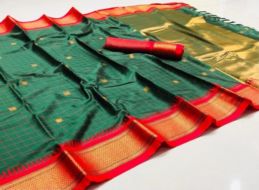 Classic Green & Red Checks Paithani Cotton Silk Saree with Zari Border