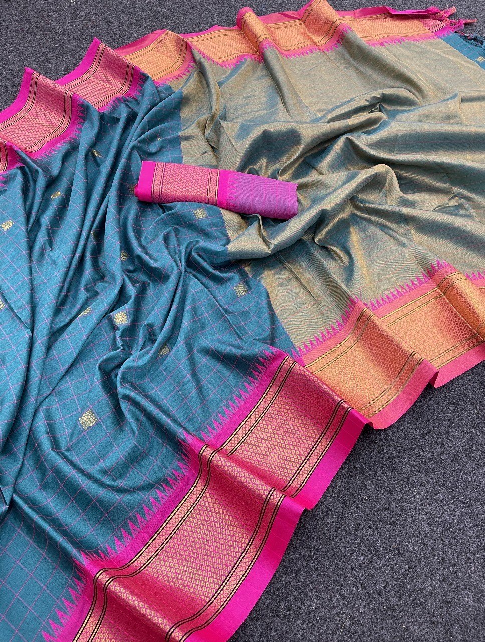 Teal Blue & Rani Pink Checked Cotton Silk Saree with Rich Zari Border