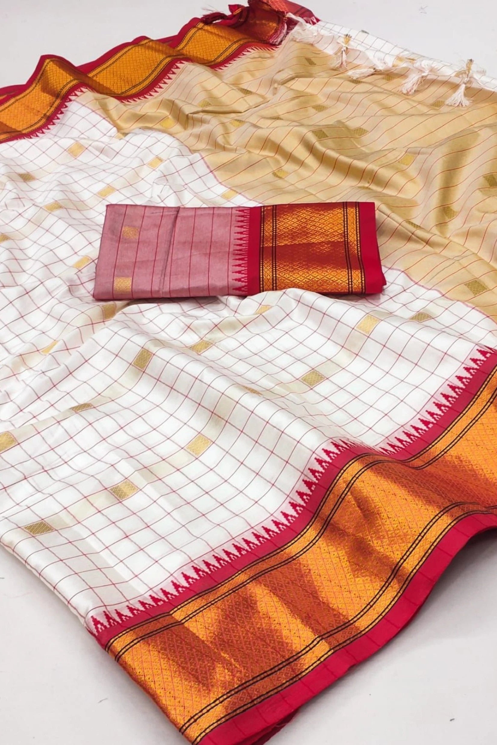 White & Red Checked Cotton Silk Saree with Rich Zari Border