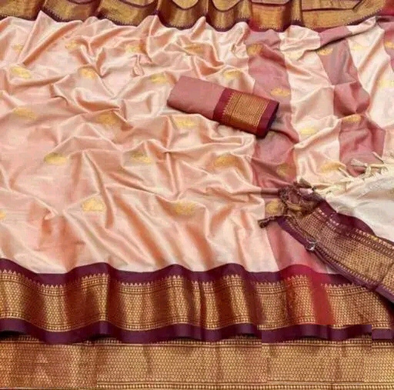 Royal Beige Paithani Cotton Silk Saree with Brown Zari Border