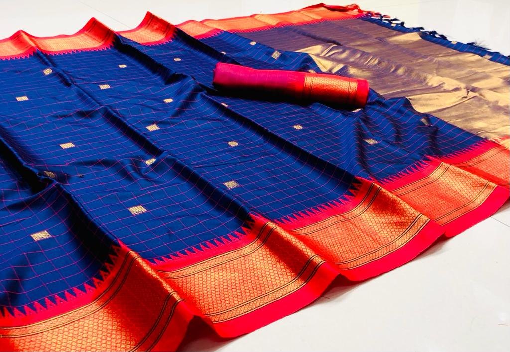 Elegant Navy Blue & Red Checks Cotton Silk Saree with Rich Zari Border