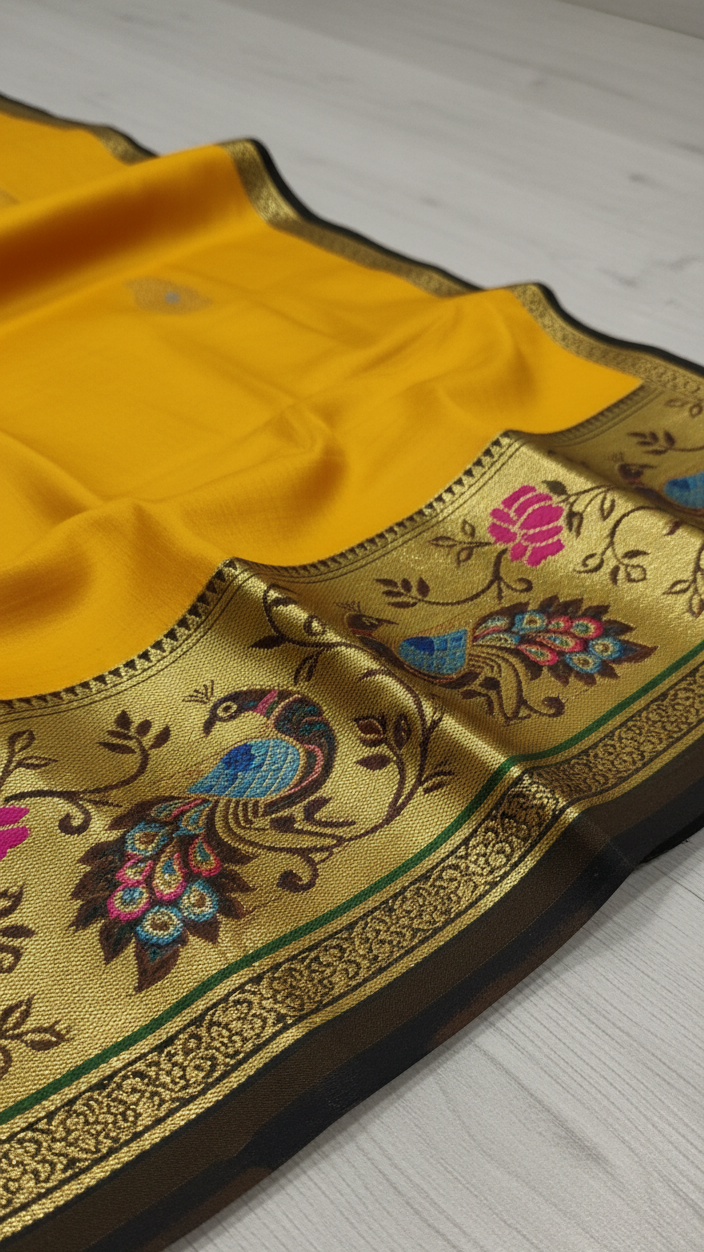 Mustard Gold Jacquard Silk Saree with Peacock Zari Border