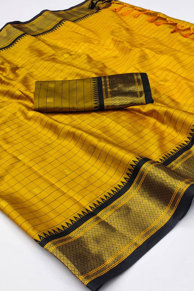 Royal Gold & Black Checks Paithani Cotton Silk Saree with Zari Border
