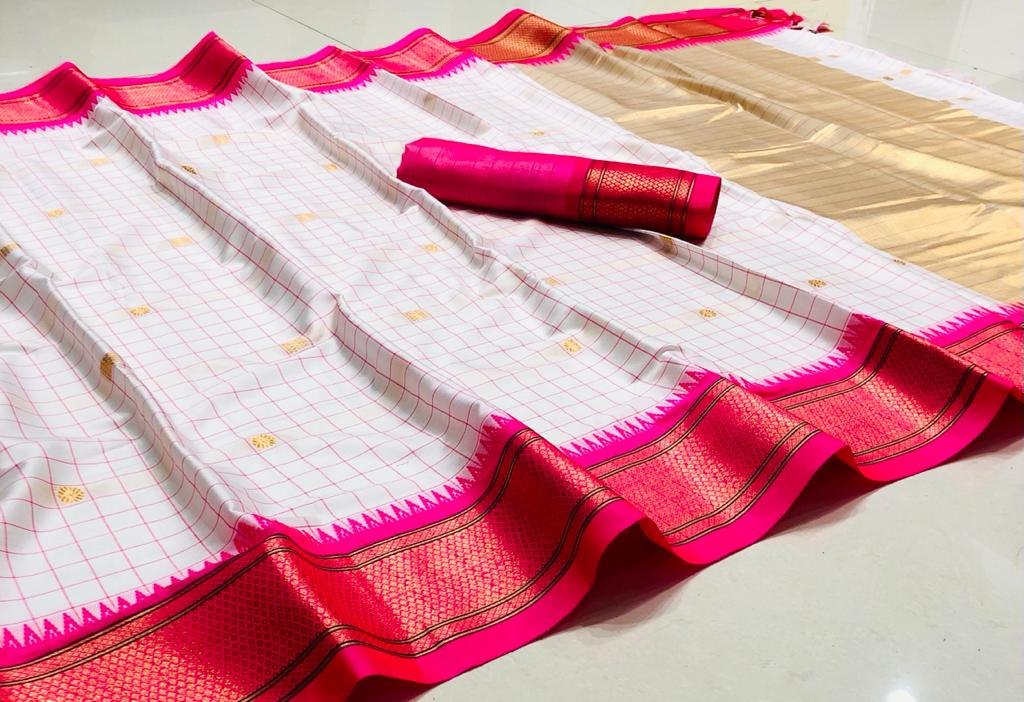 White & Rani Pink Checked Cotton Silk Saree with Rich Zari Border