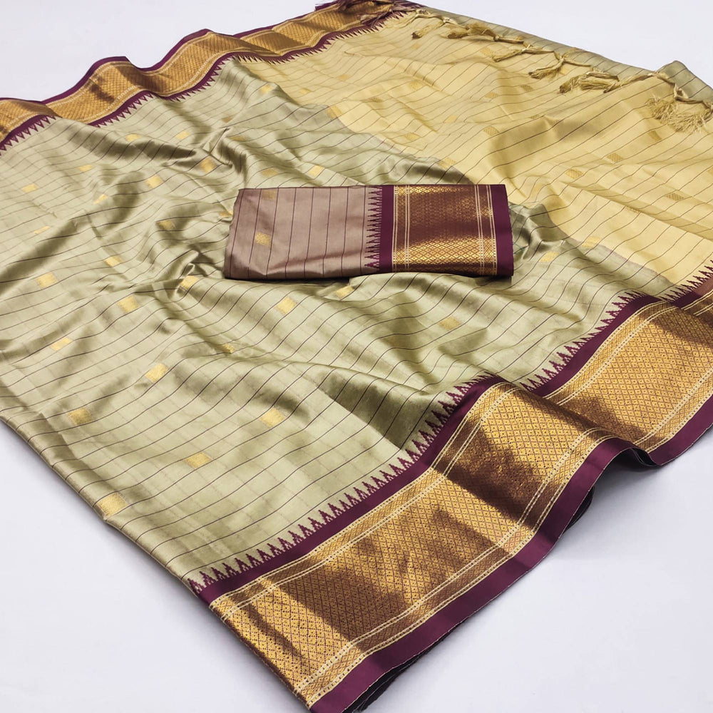 Elegant Beige & Maroon Checks Paithani Cotton Silk Saree with Zari Border