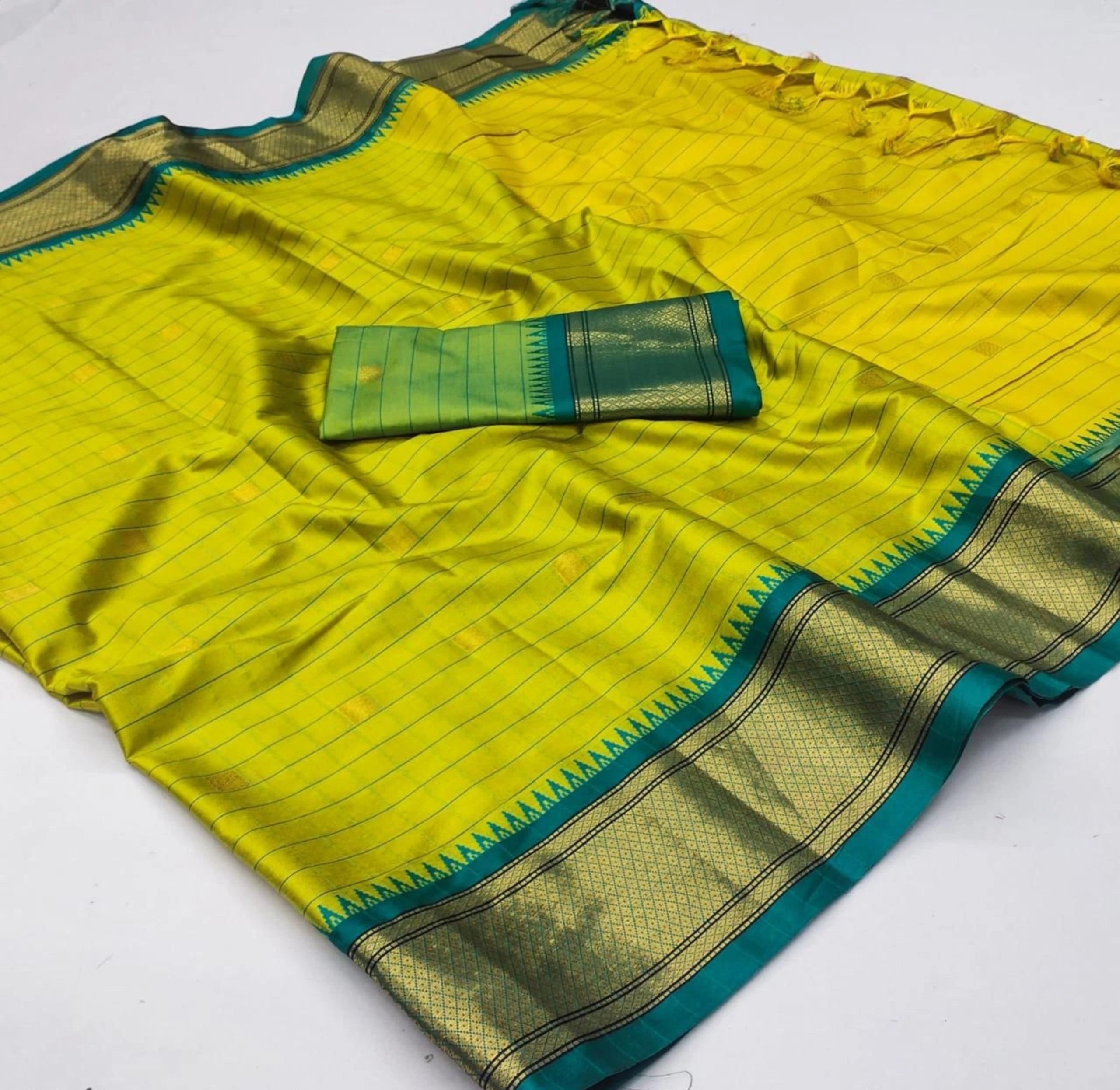 Bright Yellow & Green Checks Paithani Cotton Silk Saree with Gold Zari Border