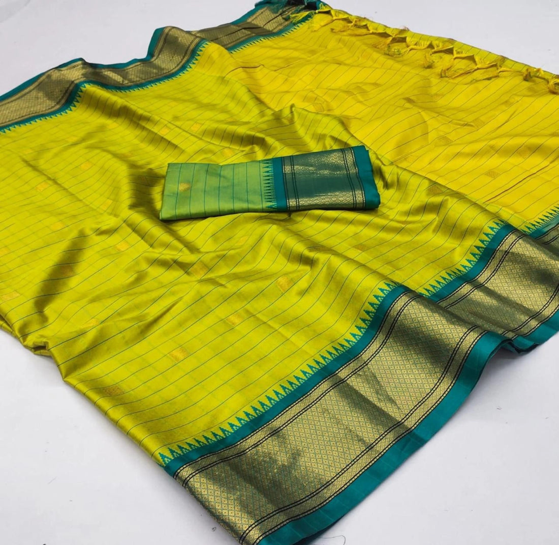 Bright Yellow & Green Checks Paithani Cotton Silk Saree with Gold Zari Border
