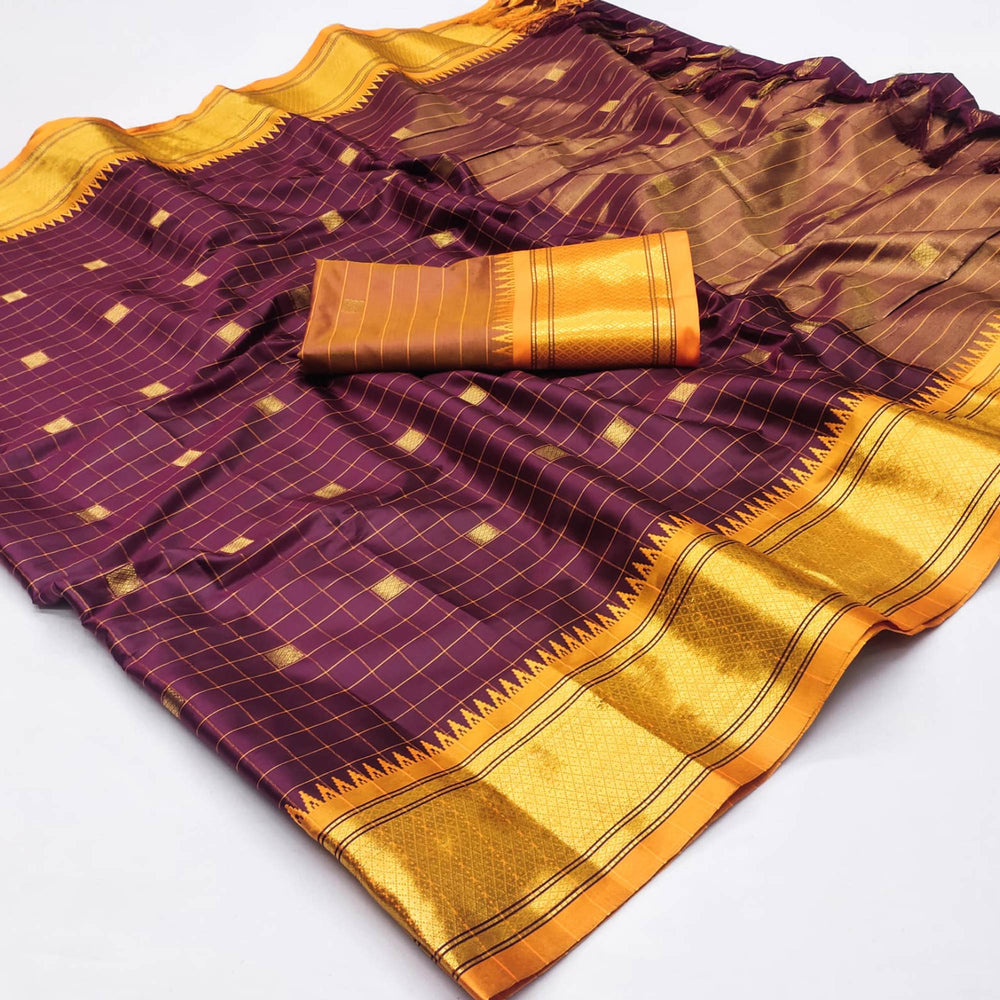 Rich Dark Maroon & Golden Yellow Checks Paithani Cotton Silk Saree with Zari Border