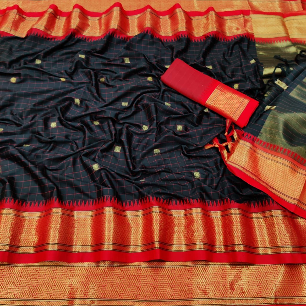 Elegant Black & Red Checks Paithani Cotton Silk Saree with Gold Zari Border