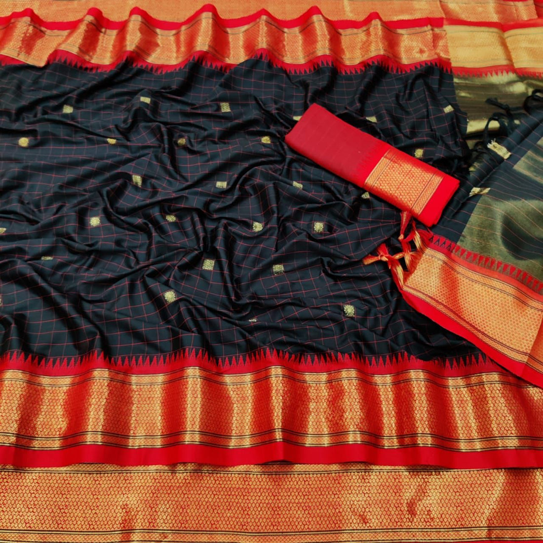 Elegant Black & Red Checks Paithani Cotton Silk Saree with Gold Zari Border