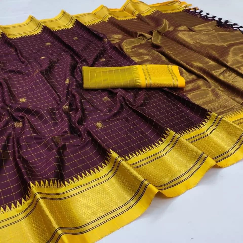 Rich Dark Maroon & Golden Yellow Checks Paithani Cotton Silk Saree with Zari Border