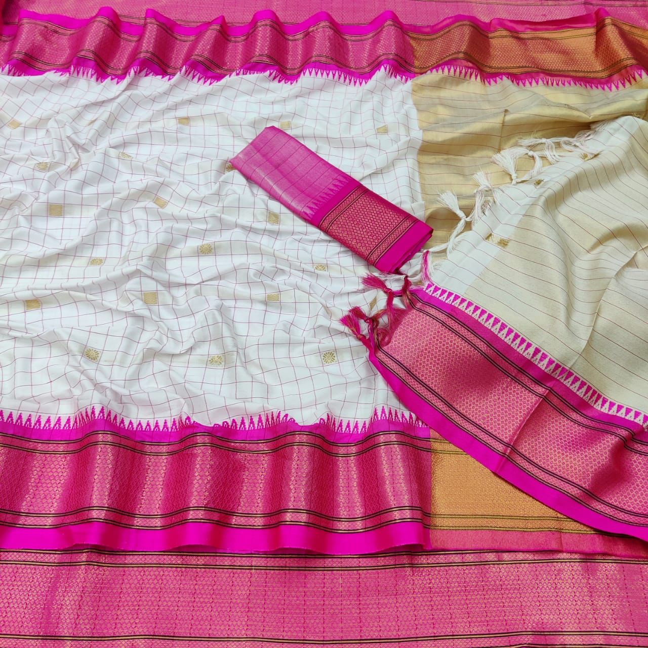 White & Rani Pink Checked Cotton Silk Saree with Rich Zari Border