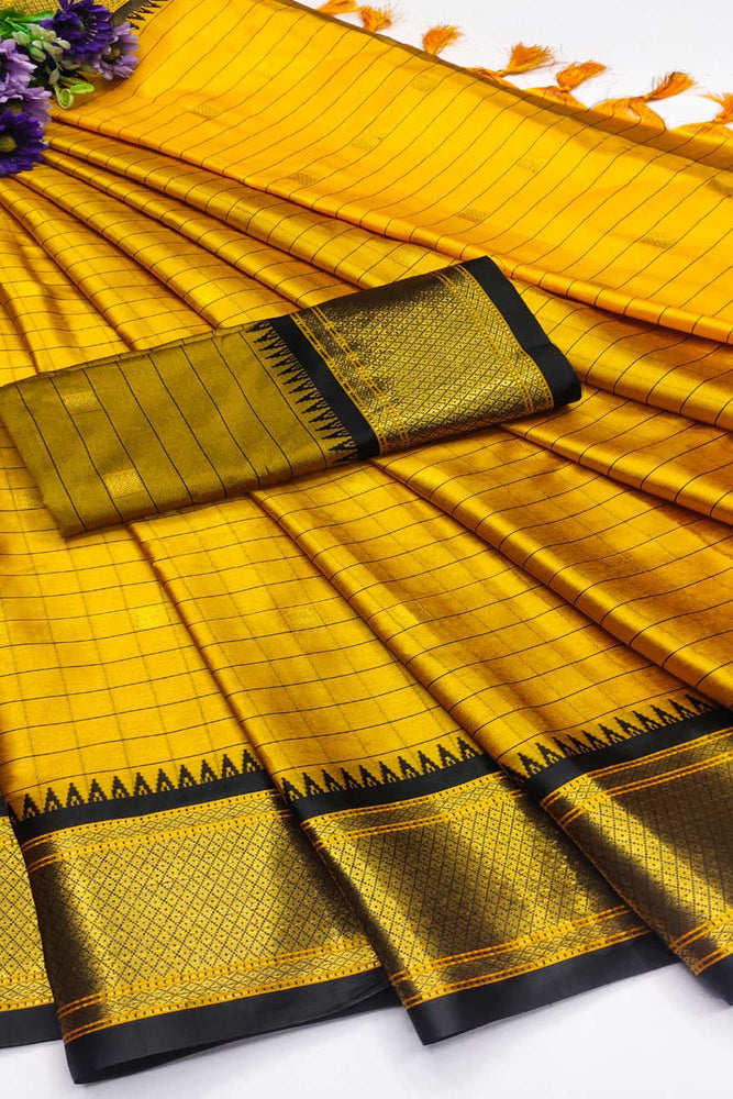 Royal Gold & Black Checks Paithani Cotton Silk Saree with Zari Border