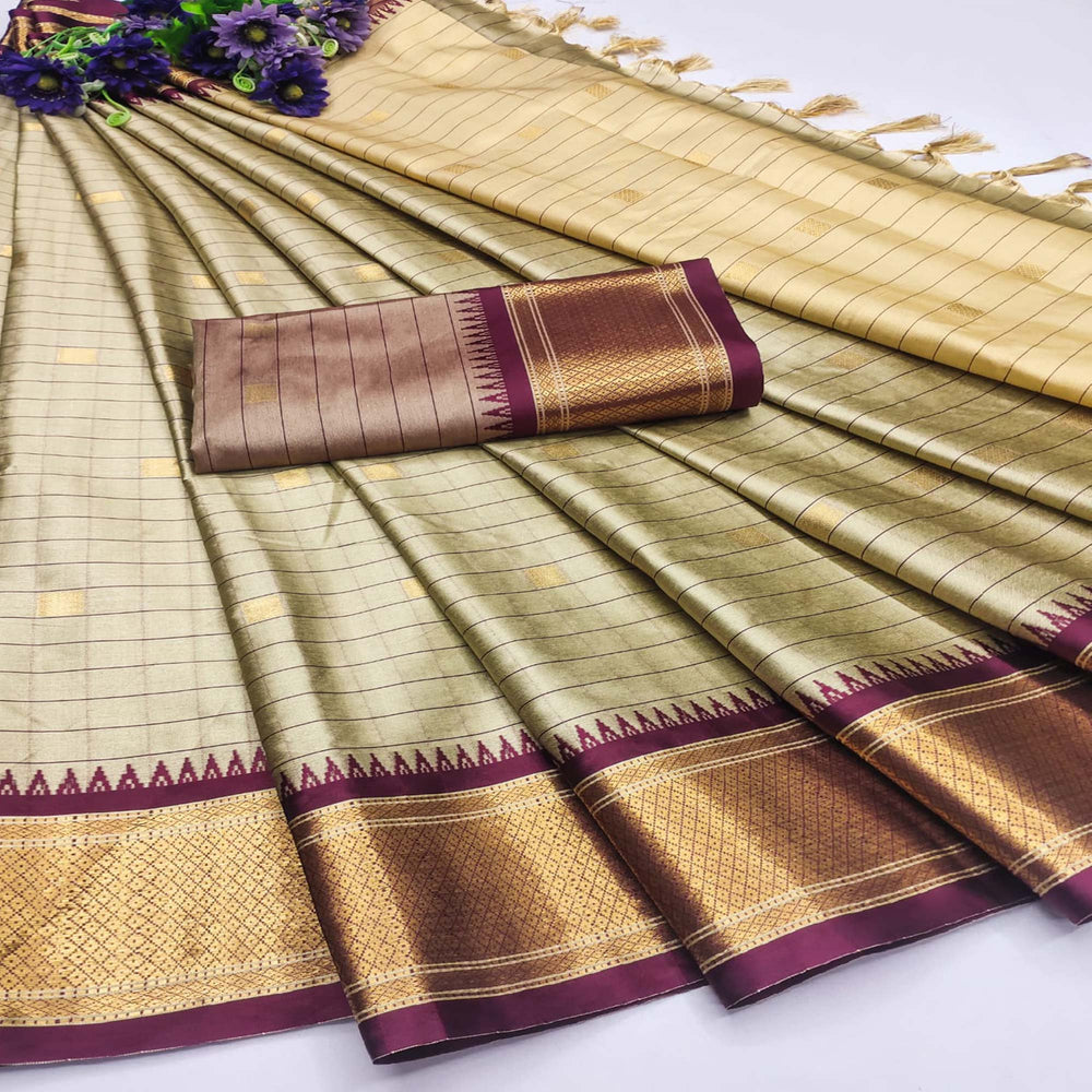 Elegant Beige & Maroon Checks Paithani Cotton Silk Saree with Zari Border