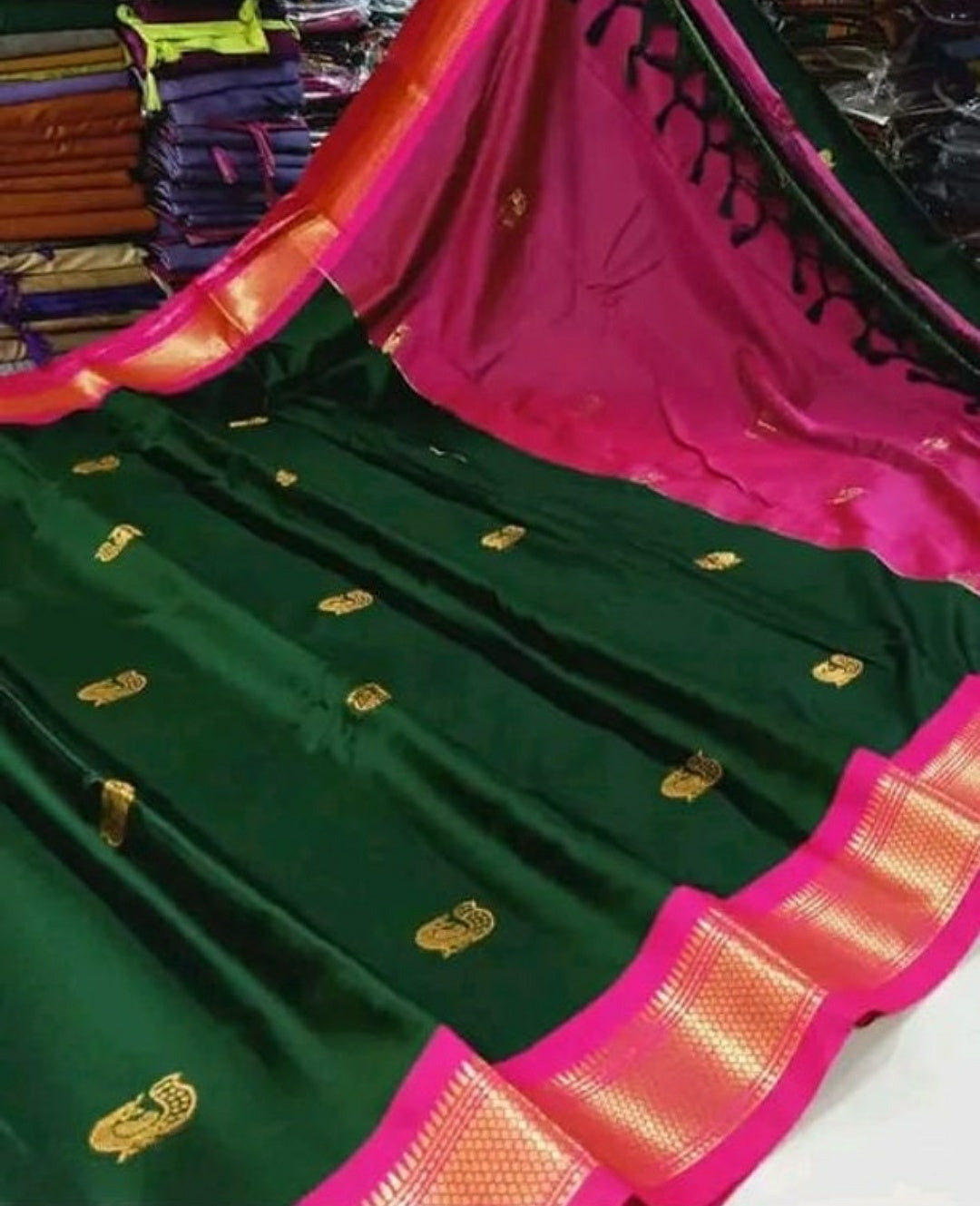 Royal Emerald Green & Rani Pink Paithani Cotton Silk Saree