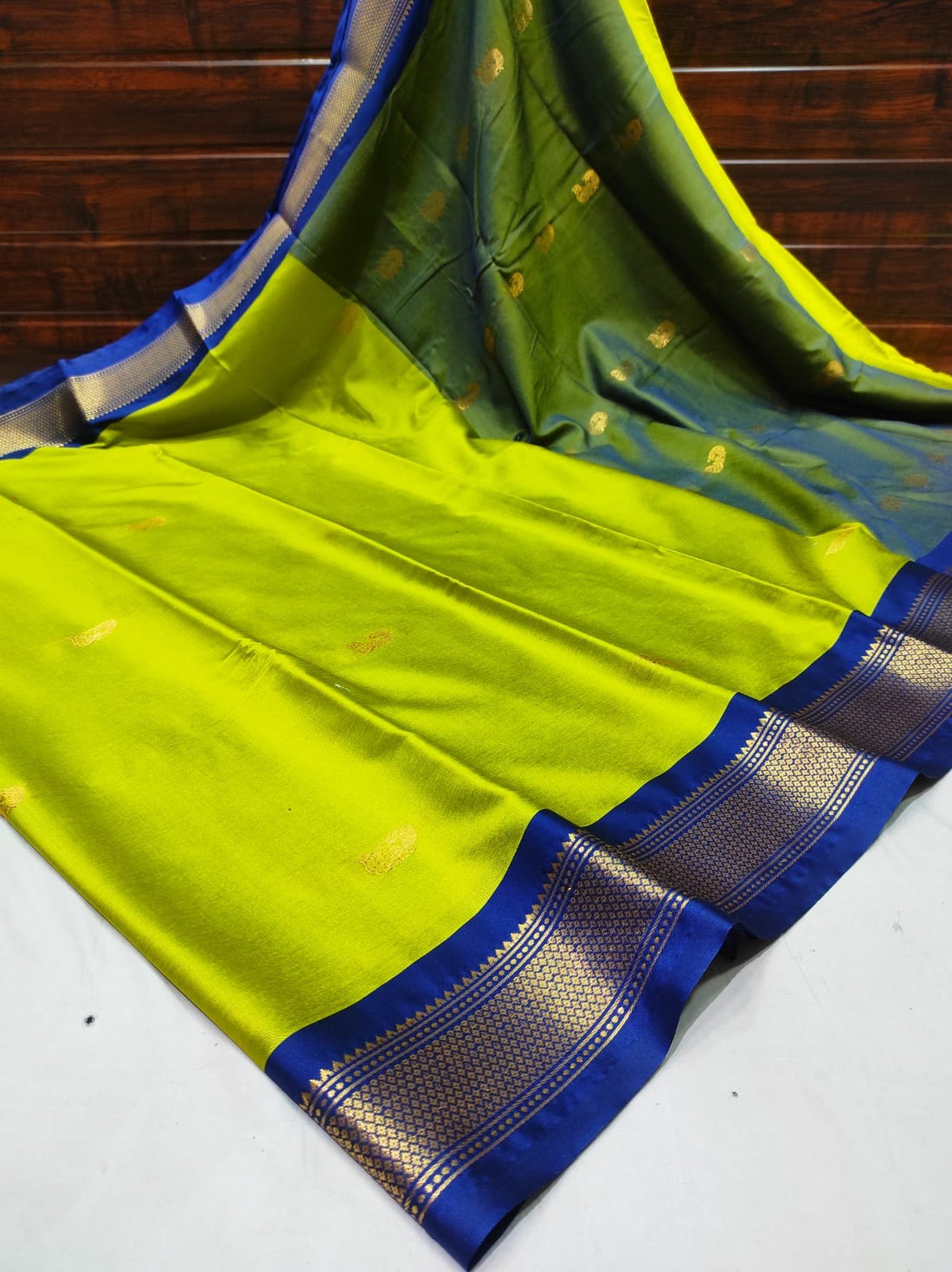 Radiant Lime Green & Royal Blue Paithani Cotton Silk Saree