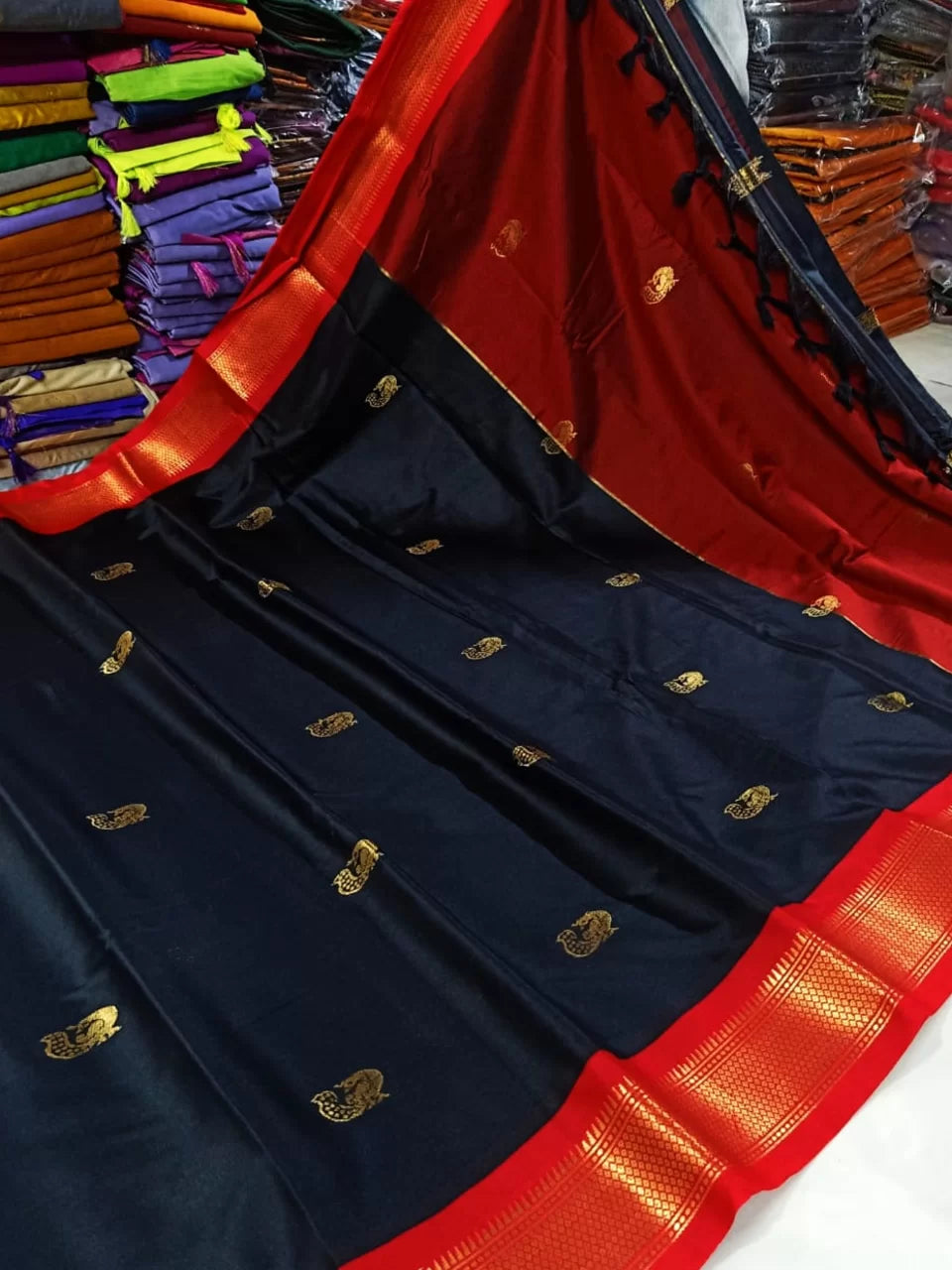 Royal Black & Crimson Red Paithani Cotton Silk Saree