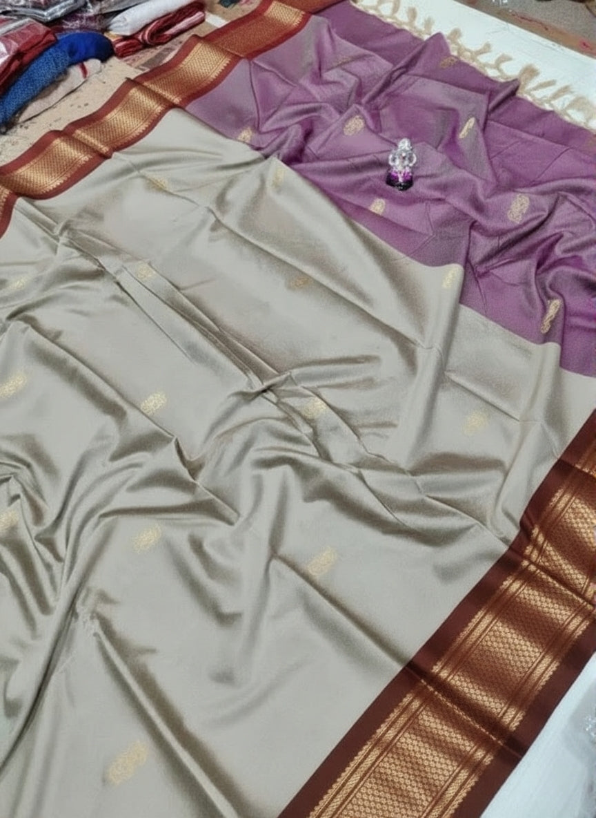Elegant Tussar Beige & Rich Brown Paithani Cotton Silk Saree