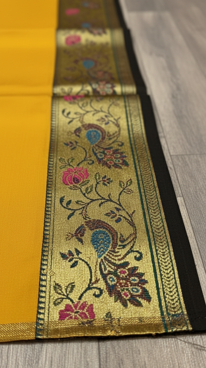 Mustard Gold Jacquard Silk Saree with Peacock Zari Border