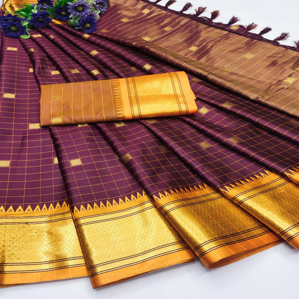 Rich Dark Maroon & Golden Yellow Checks Paithani Cotton Silk Saree with Zari Border