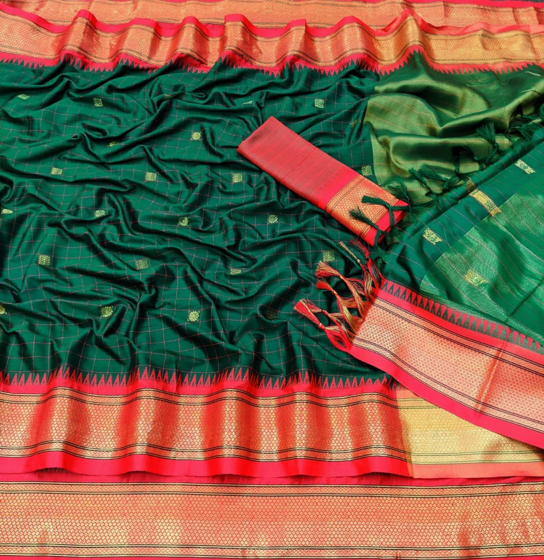 Classic Green & Red Checks Paithani Cotton Silk Saree with Zari Border