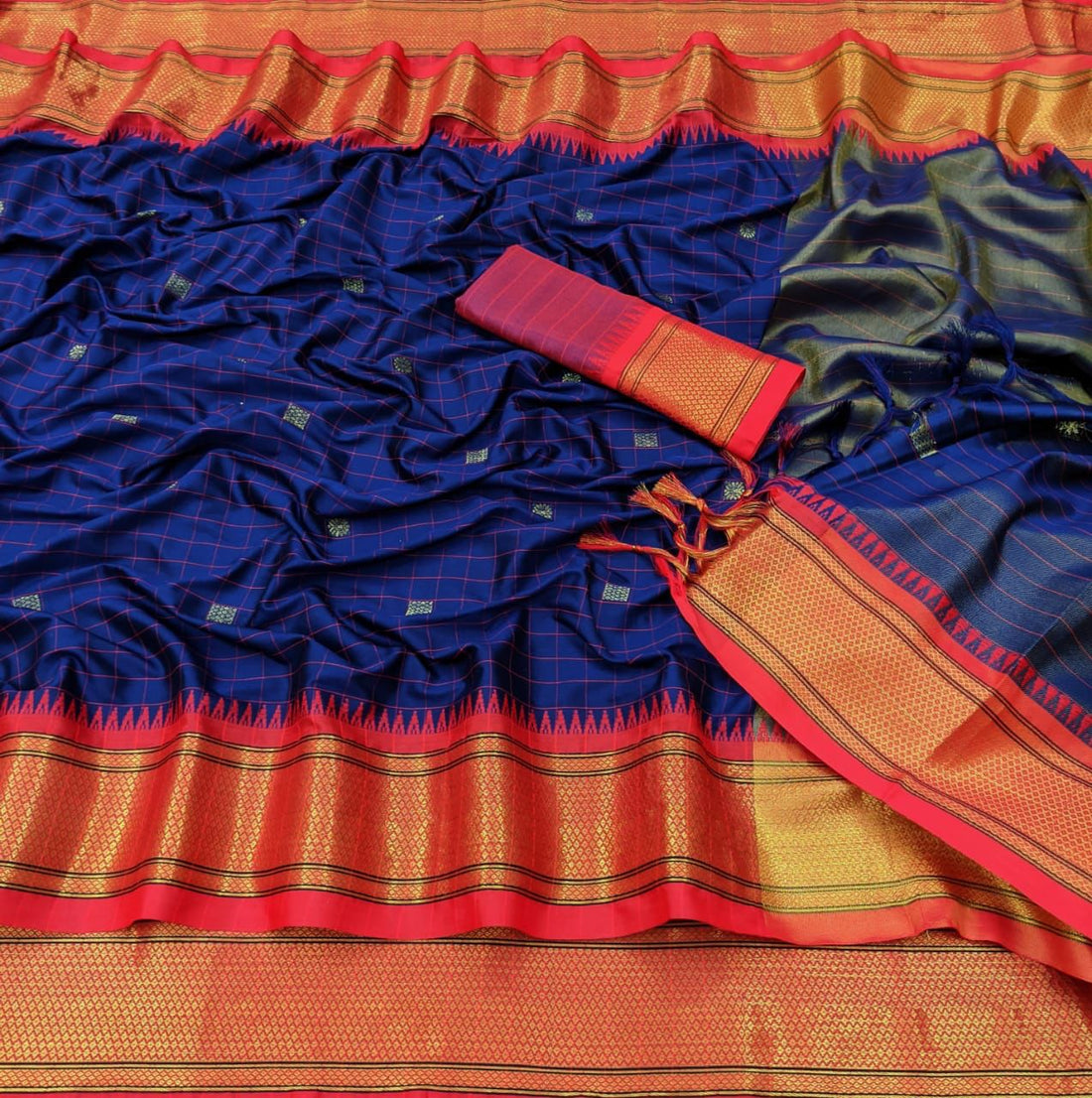Elegant Navy Blue & Red Checks Cotton Silk Saree with Rich Zari Border