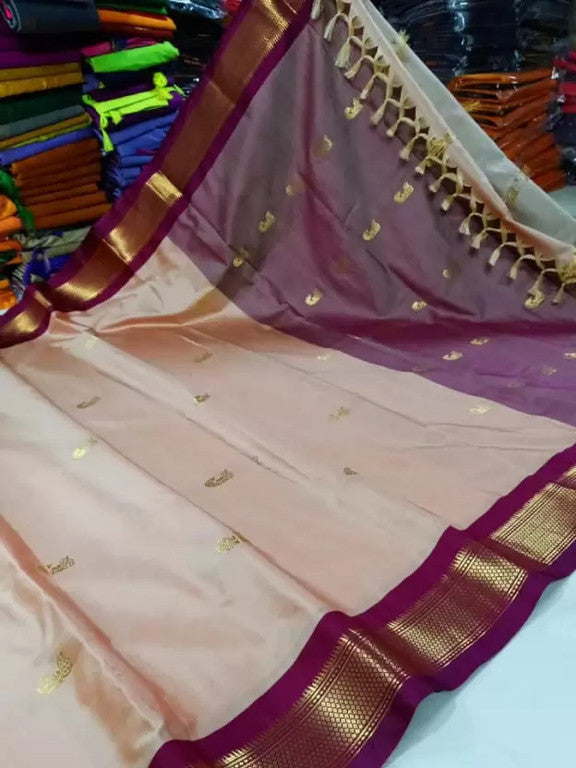 Royal Beige Paithani Cotton Silk Saree with Brown Zari Border