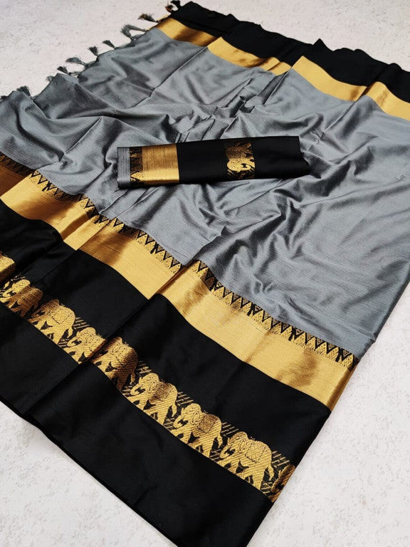 Steel Grey & Classic Black Cotton Silk Savanna Elephant Saree
