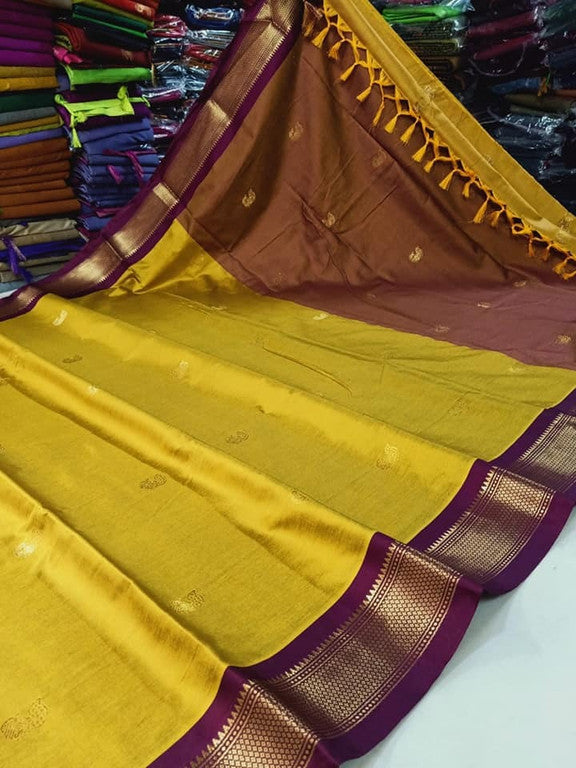 Radiant Mustard Yellow & Classic Brown Paithani Cotton Silk Saree