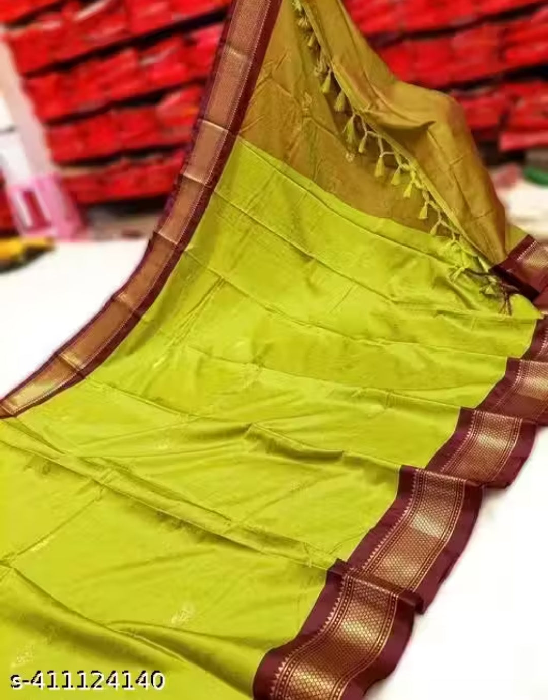 Elegant Lime Green & Wine Brown Paithani Cotton Silk Saree
