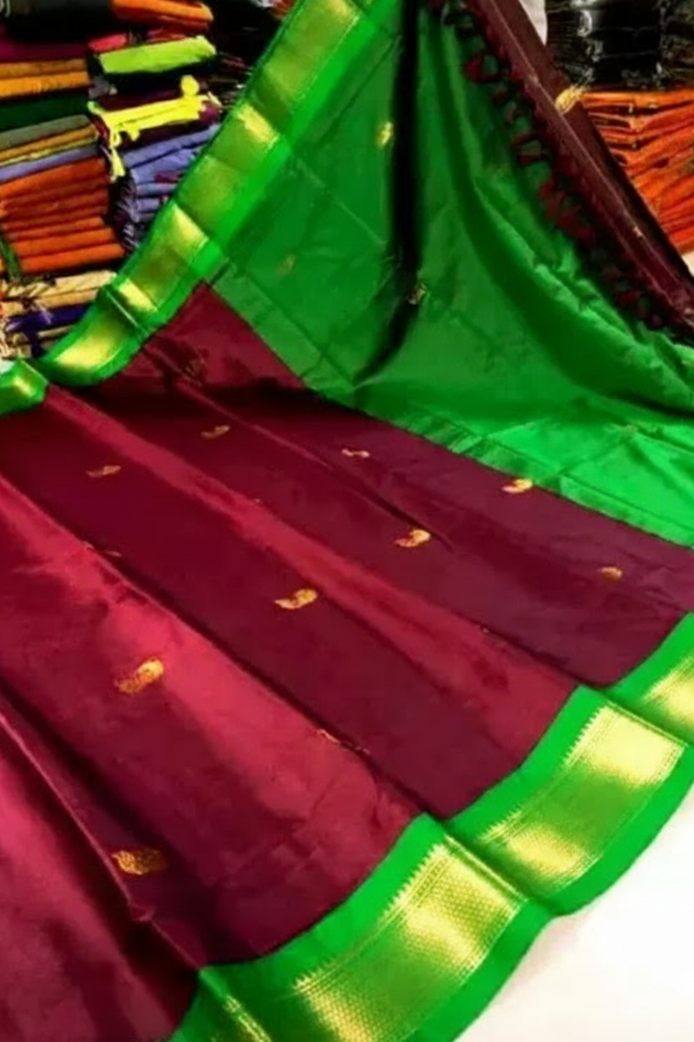 Elegant Brown & Emerald Green Paithani Cotton Silk Saree