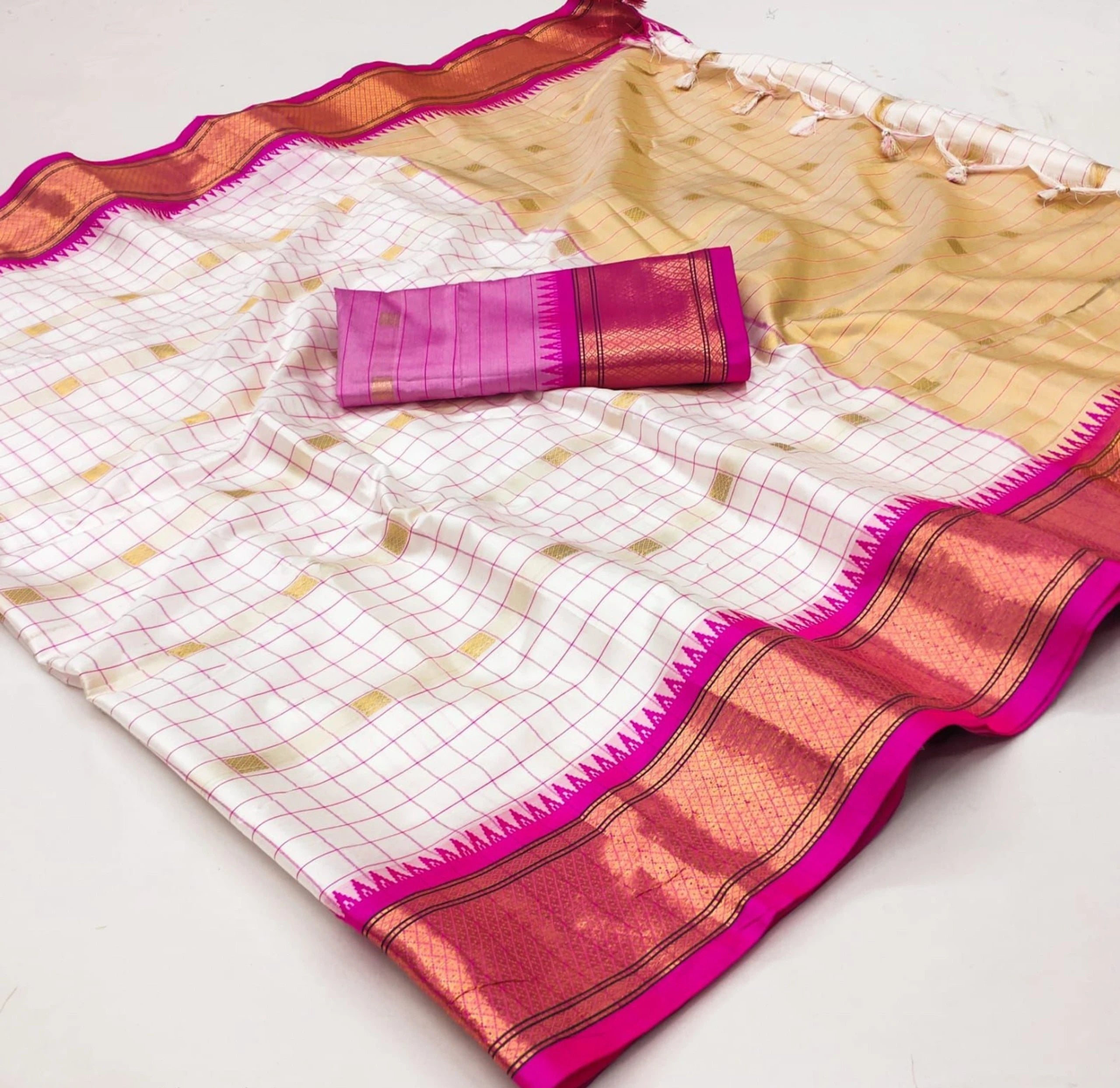 White & Rani Pink Checked Cotton Silk Saree with Rich Zari Border