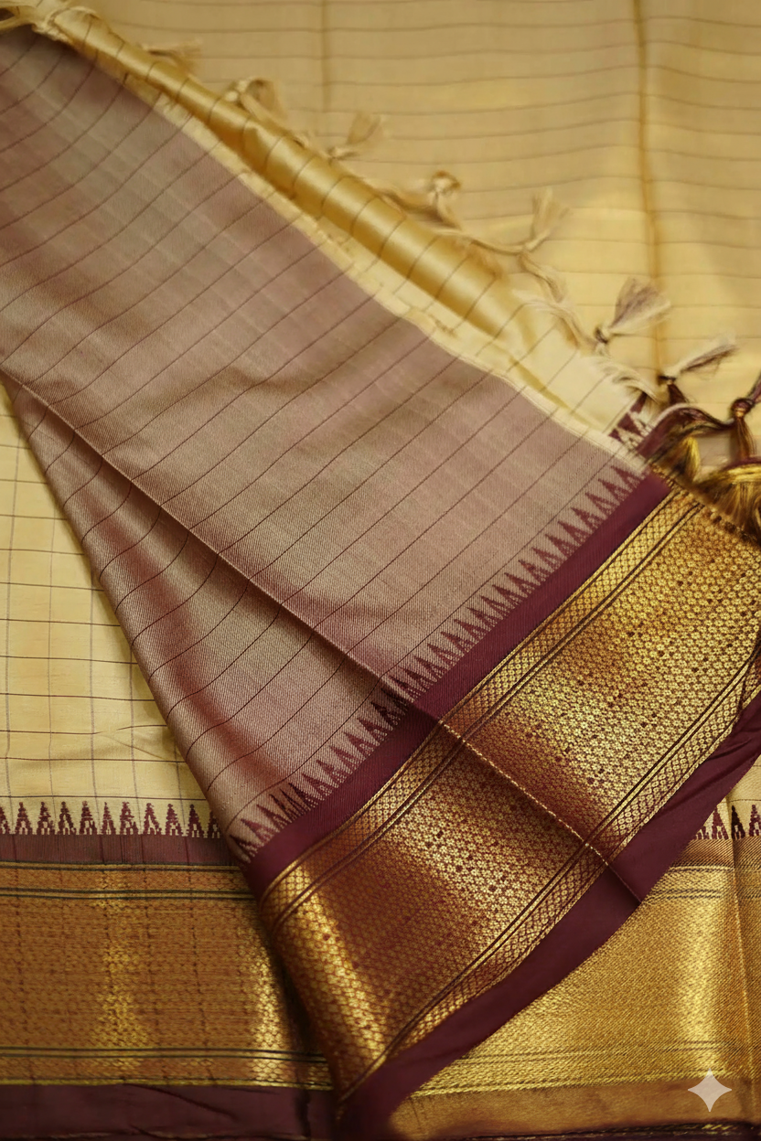 Elegant Cream & Brown Checks Paithani Cotton Silk Saree with Gold Zari Border