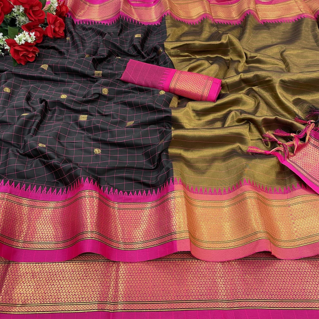 Elegant Black Checks Paithani Cotton Silk Saree with Pink & Gold Zari Border