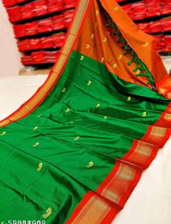 Classic Emerald Green & Royal Red Paithani Cotton Silk Saree