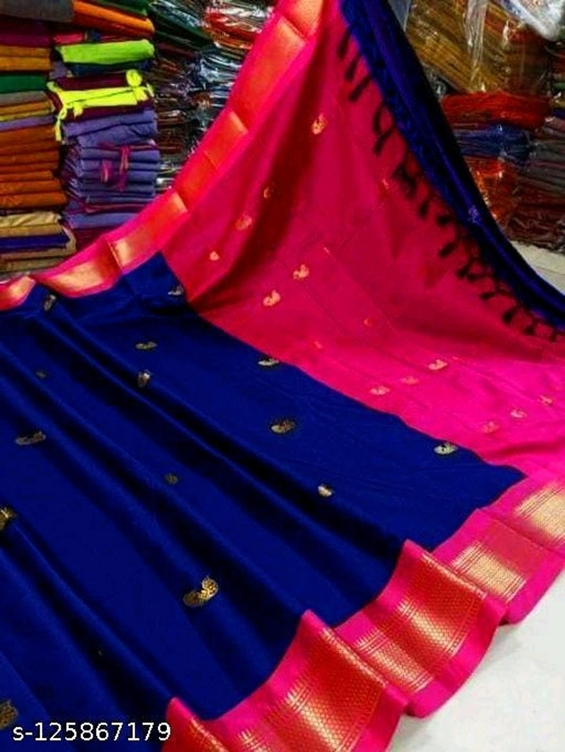 Elegant Navy Blue & Rani Pink Paithani Cotton Silk Saree