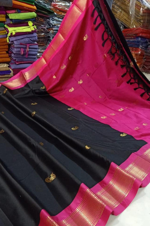 Midnight Black & Pink Paithani Cotton Silk Saree