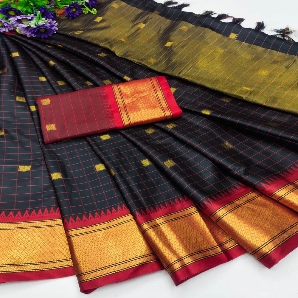 Elegant Black & Red Checks Paithani Cotton Silk Saree with Gold Zari Border