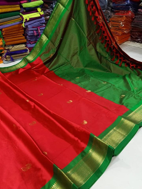 Traditional Red & Emerald Green Paithani Cotton Silk Saree