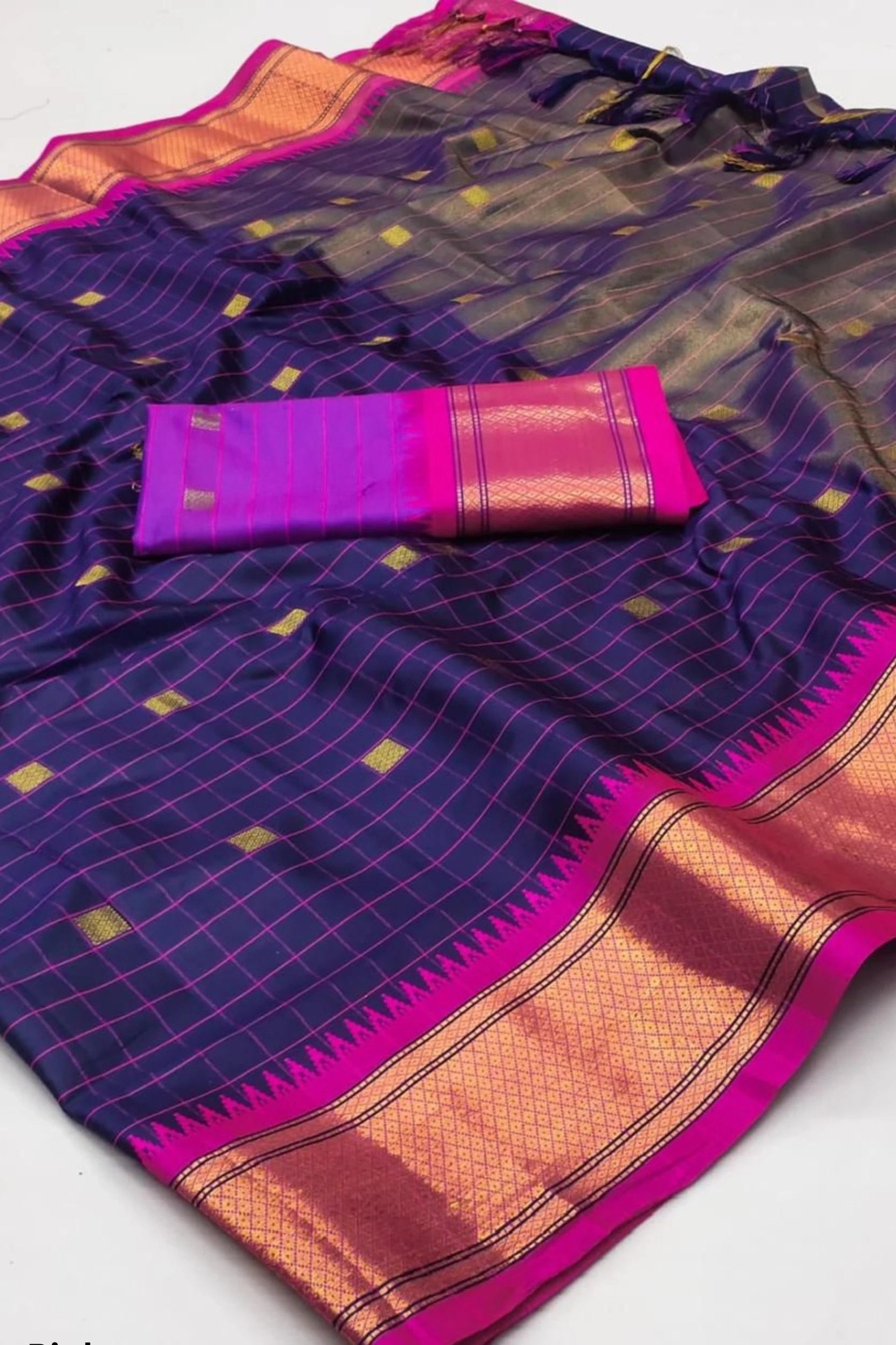Elegant Navy Blue & Pink Checks Paithani Cotton Silk Saree with Zari Border