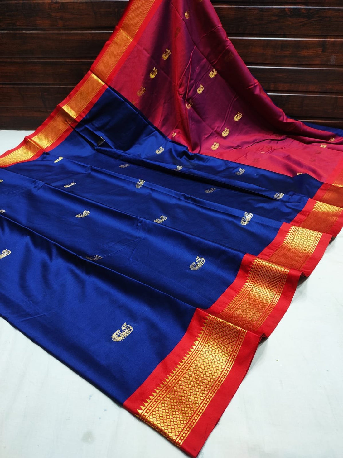 Royal Navy Blue & Classic Red Paithani Cotton Silk Saree