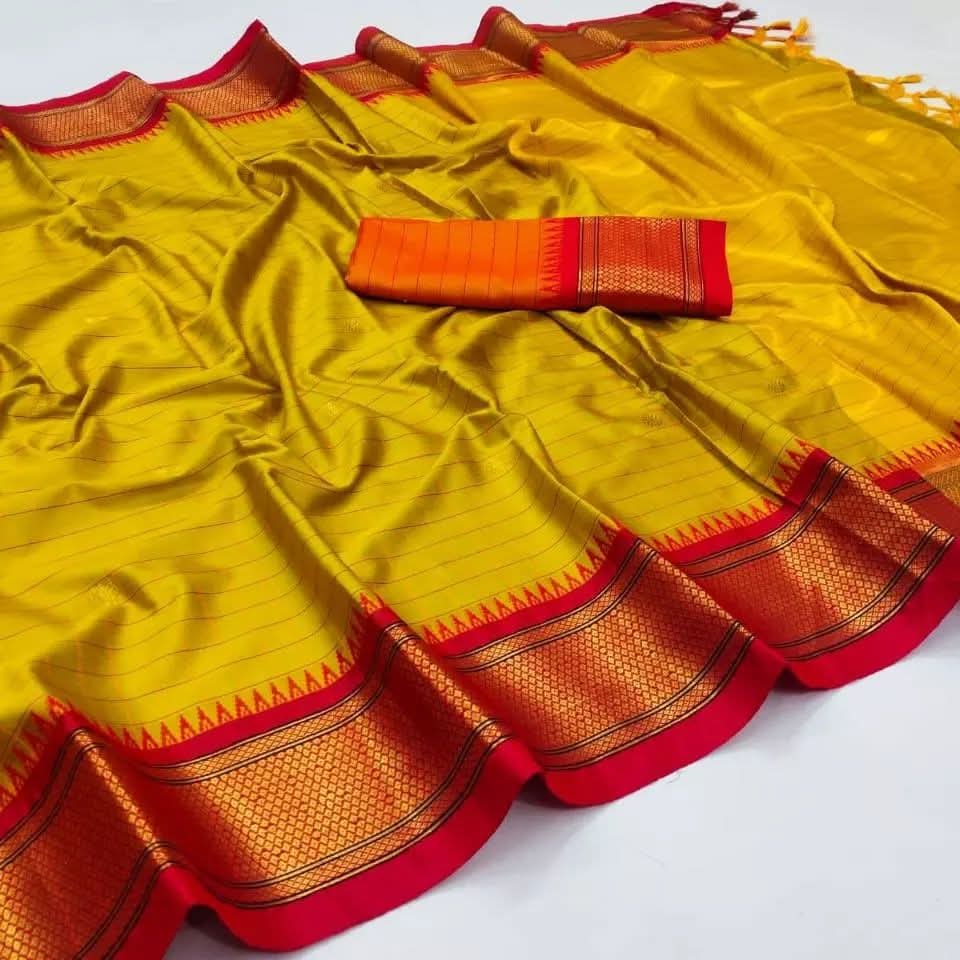 Vibrant Orange Yellow & Red Cotton Silk check paithani Saree
