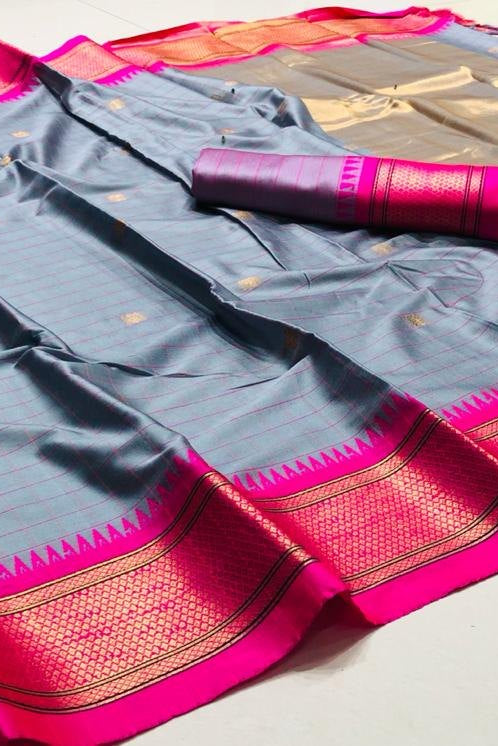 Elegant Grey & Pink Checks Paithani Cotton Silk Saree with Zari Border