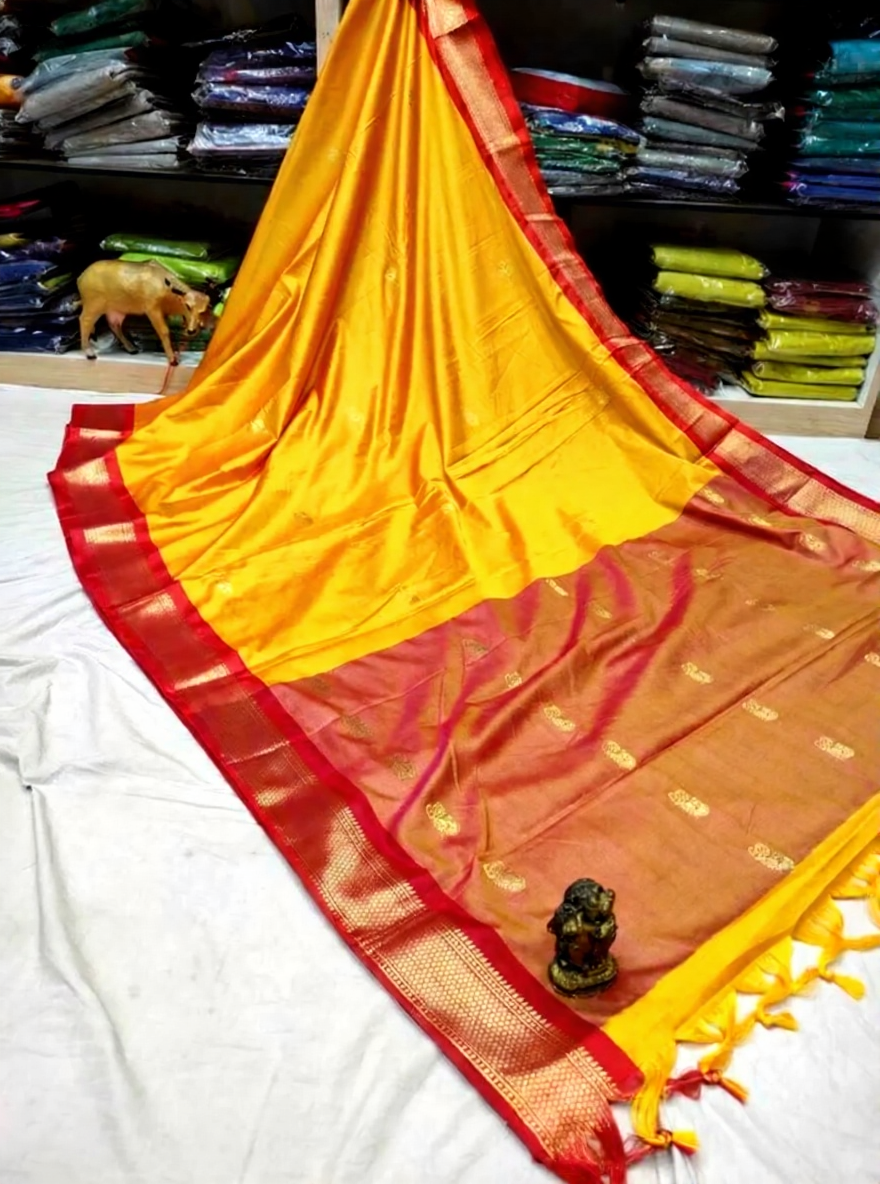 Royal Mango Yellow & Classic Red Paithani Cotton Silk Saree