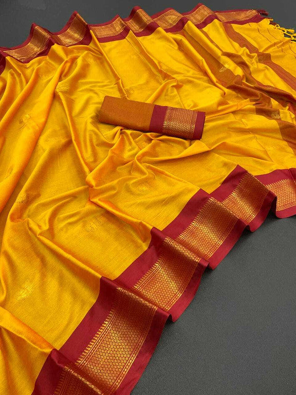 Radiant Mango Yellow & Wine Brown Paithani Cotton Silk Saree