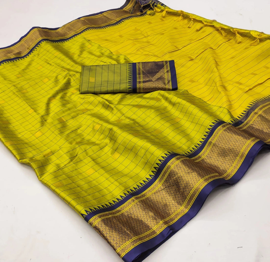 Stylish Lime Green & Blue Checks Paithani Cotton Silk Saree with Zari Border
