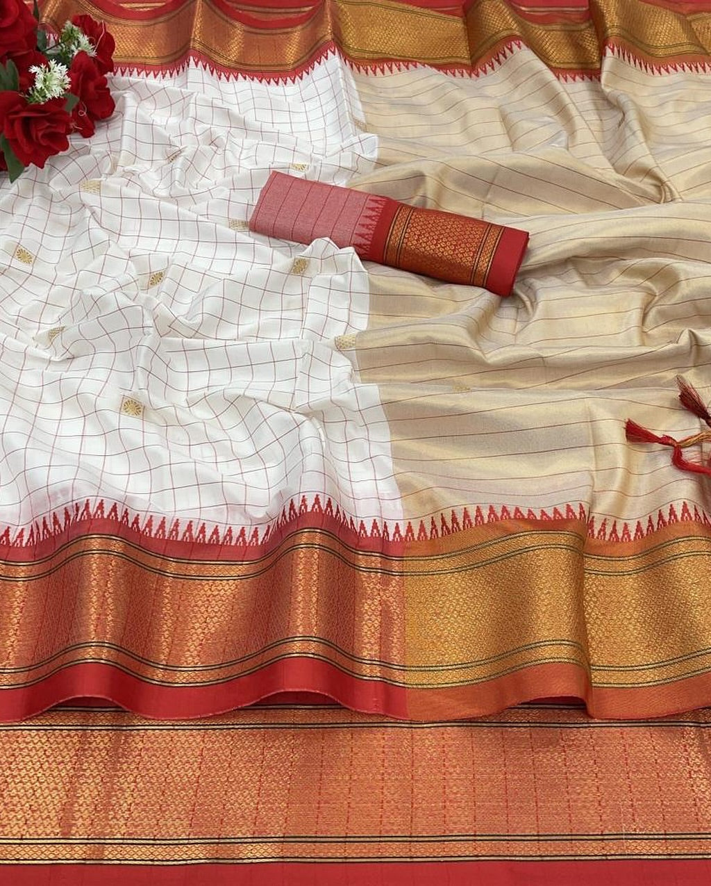 White & Red Checked Cotton Silk Saree with Rich Zari Border
