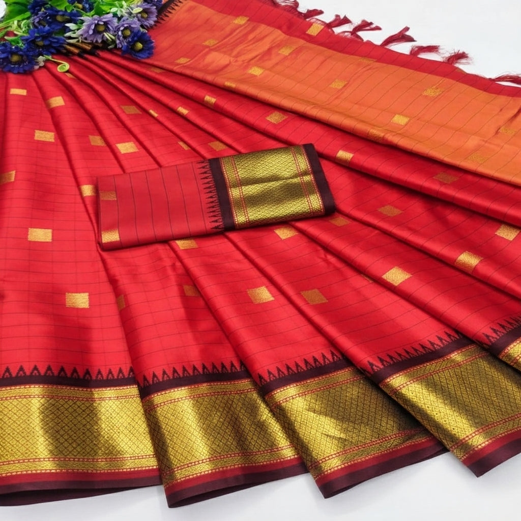 Royal Red & Black Cotton Silk Checks paithani Saree