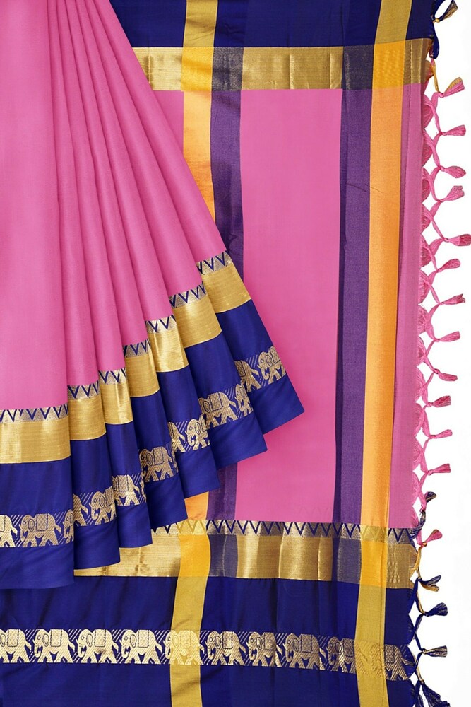 Baby Pink & Royal Blue Cotton Silk Savanna Elephant Saree