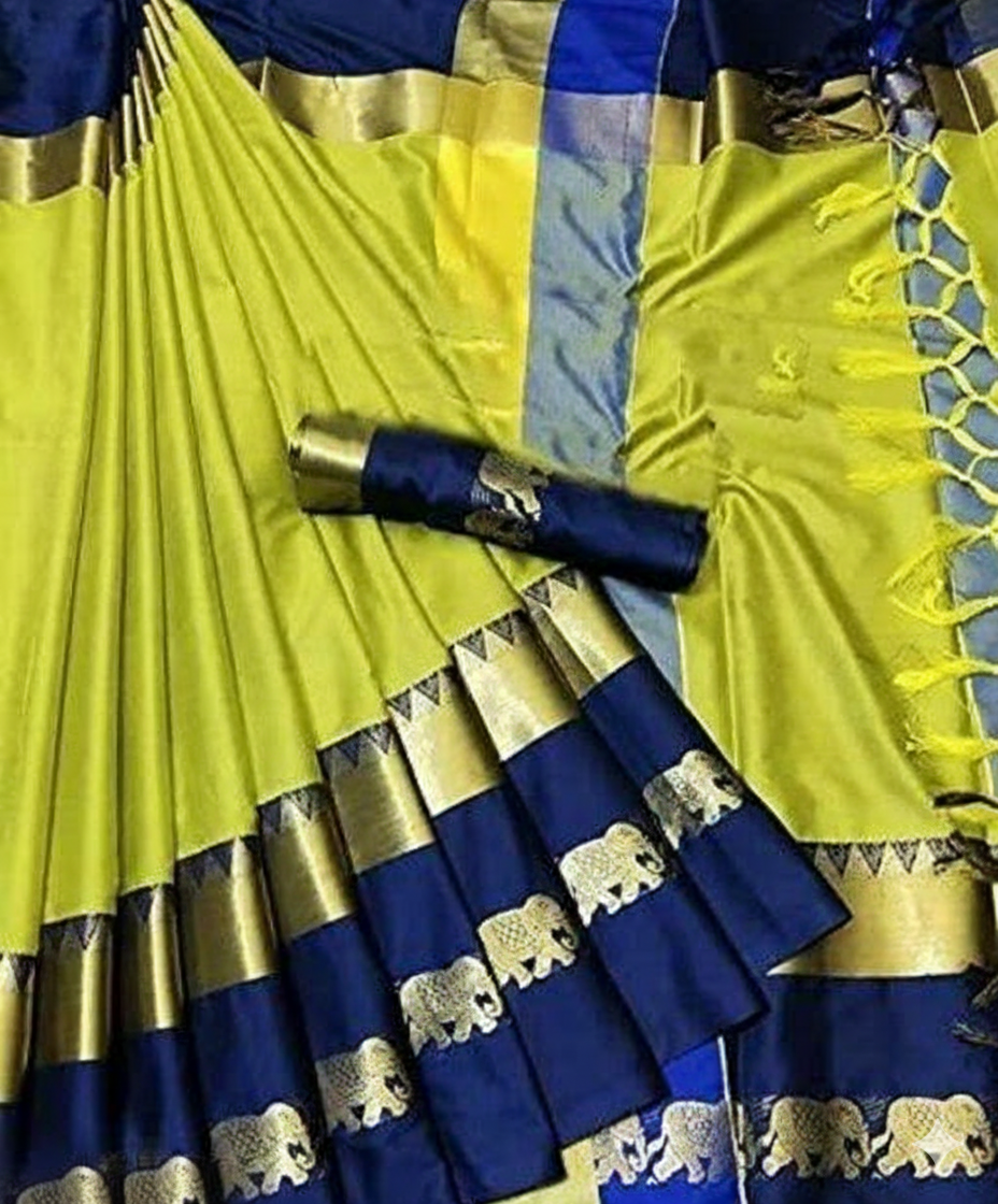 Lime Green & Royal Blue Cotton Silk Savanna Elephant Saree